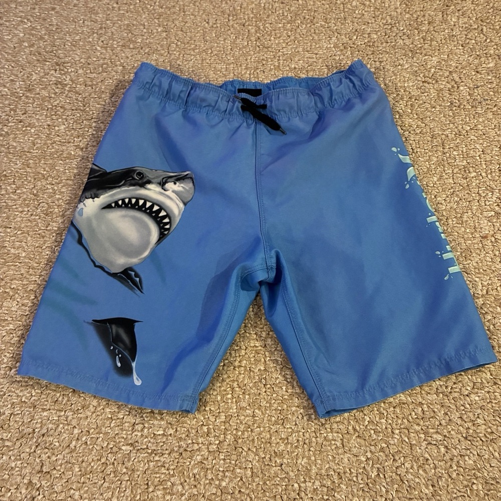 Hurley Boys Swim Trunks Size 7/8 Ocean Blue Shark Attack Graphic Board Shorts